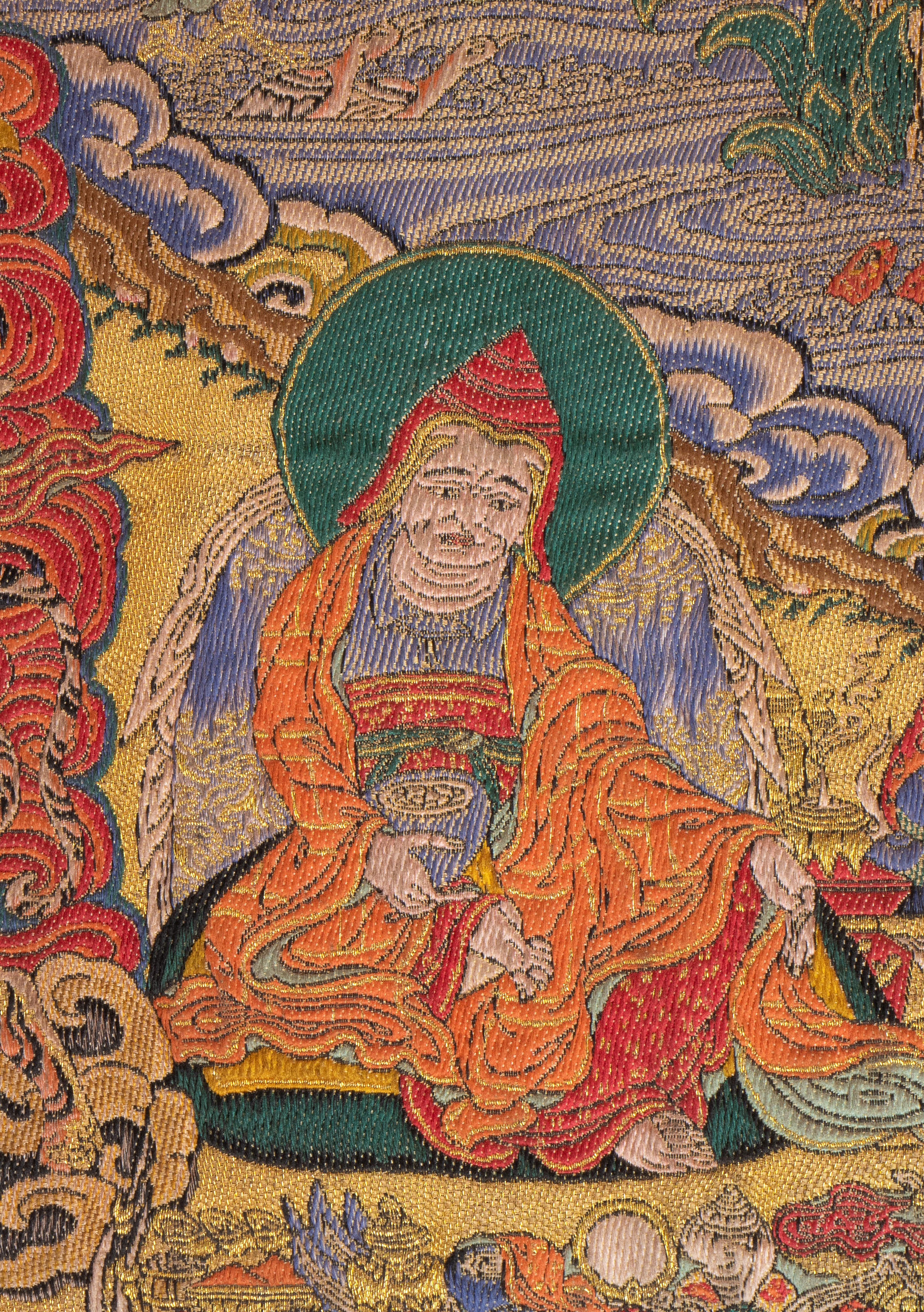 Thangka buddhista raffigurante Guru Padmasambhava tra Bodhisatva e Divinità terrifiche. Arazzo ja...