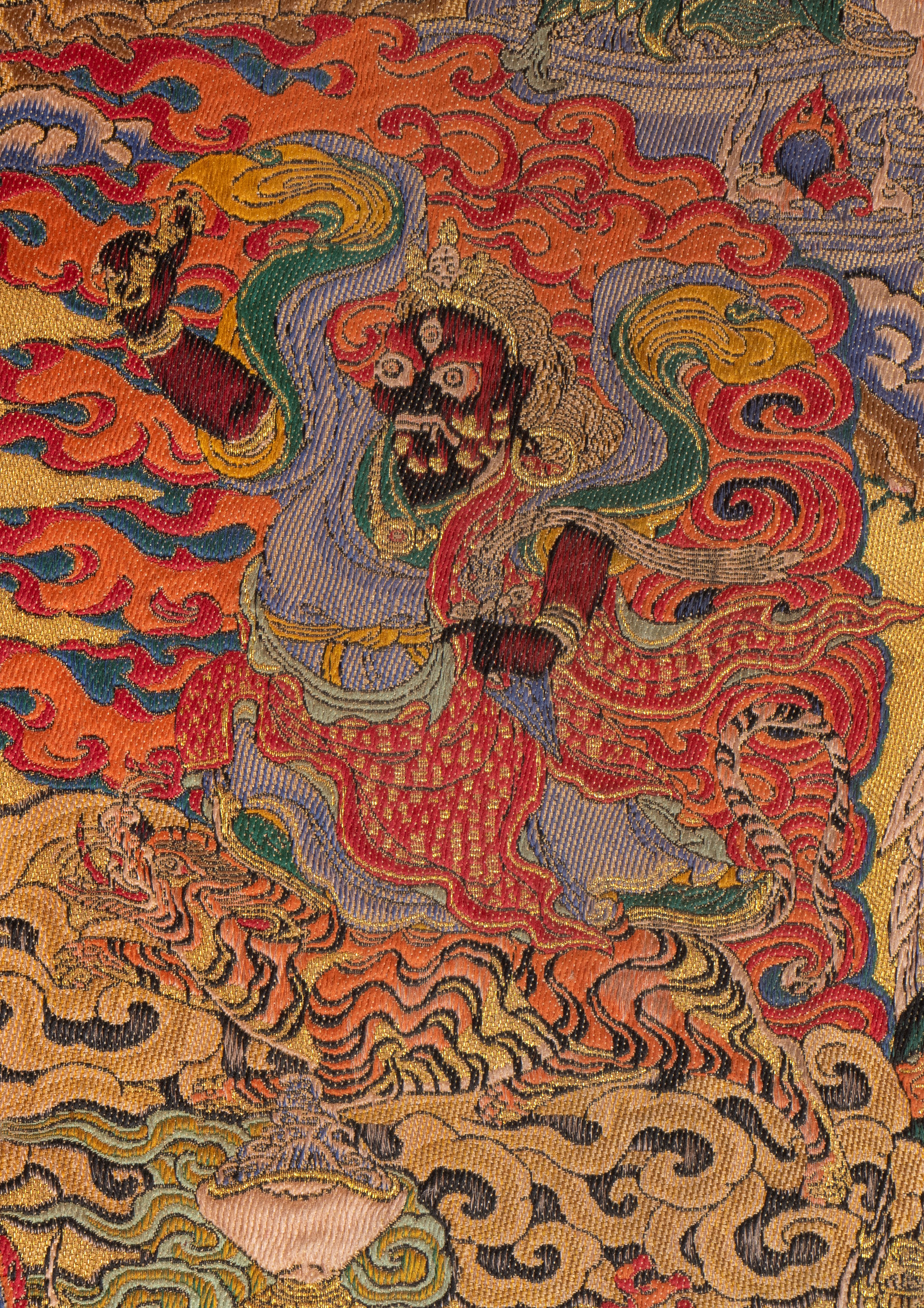 Thangka buddhista raffigurante Guru Padmasambhava tra Bodhisatva e Divinità terrifiche. Arazzo ja...