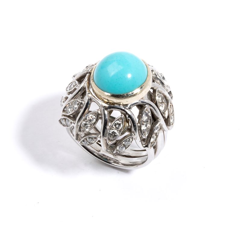 Anello, forma floreale in oro con diamanti, turchese sintetica e paste vitree