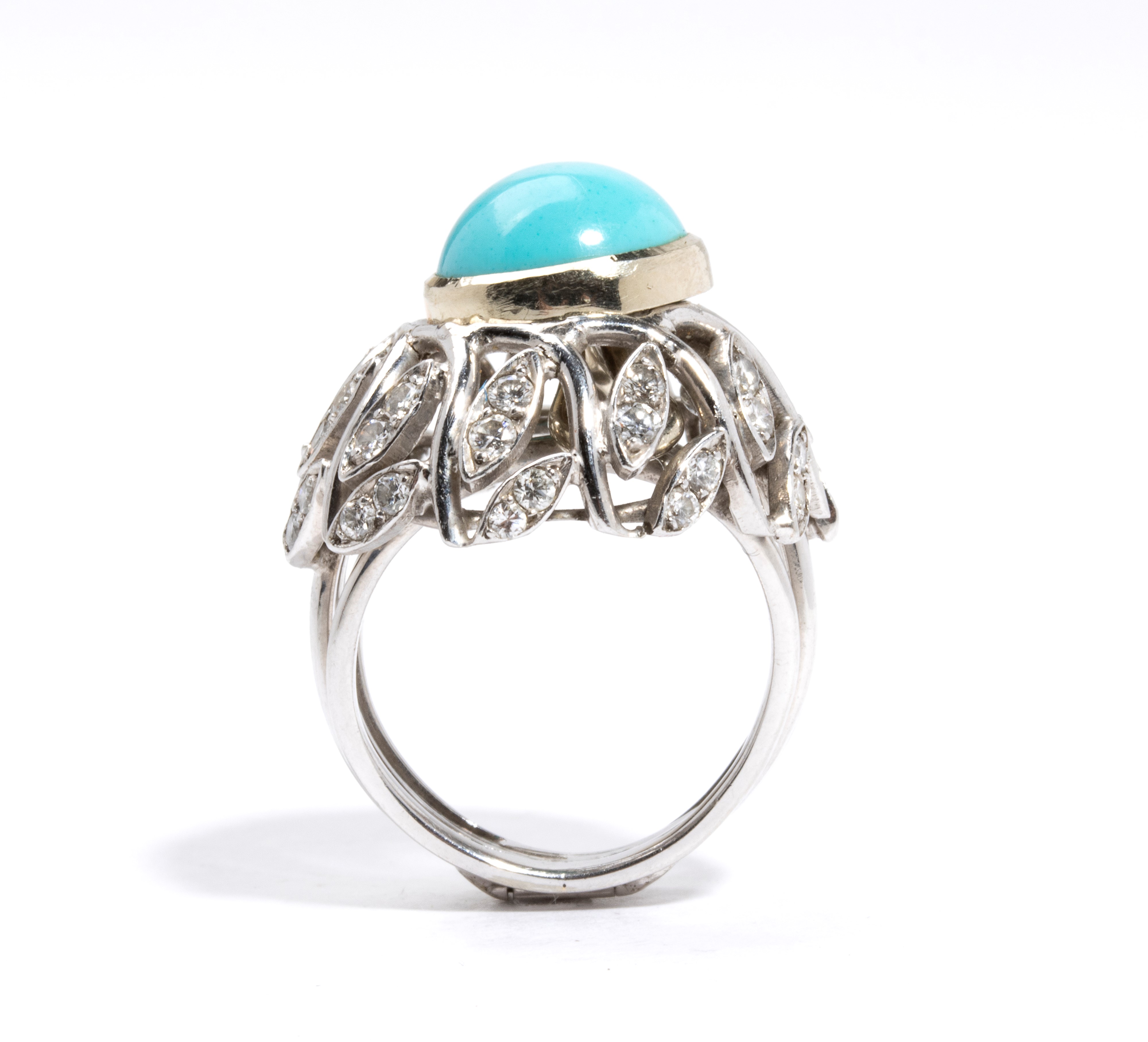 Anello, forma floreale in oro con diamanti, turchese sintetica e paste vitree
