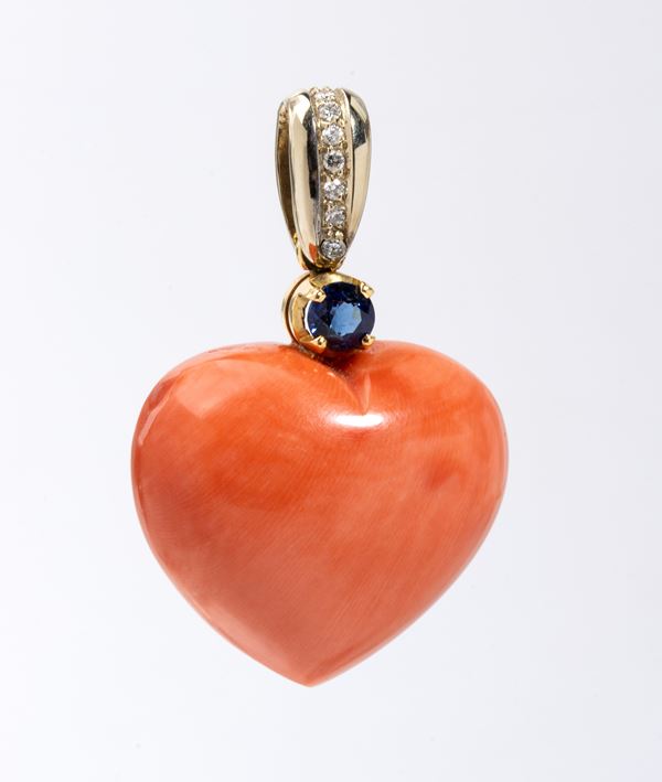 Pendente in corallo Cerasuolo con zaffiro e diamanti   