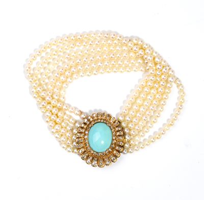 Bracciale, 6 fili di perle coltivate d’acqua salata con centrale in oro giallo e cabochon di turc...