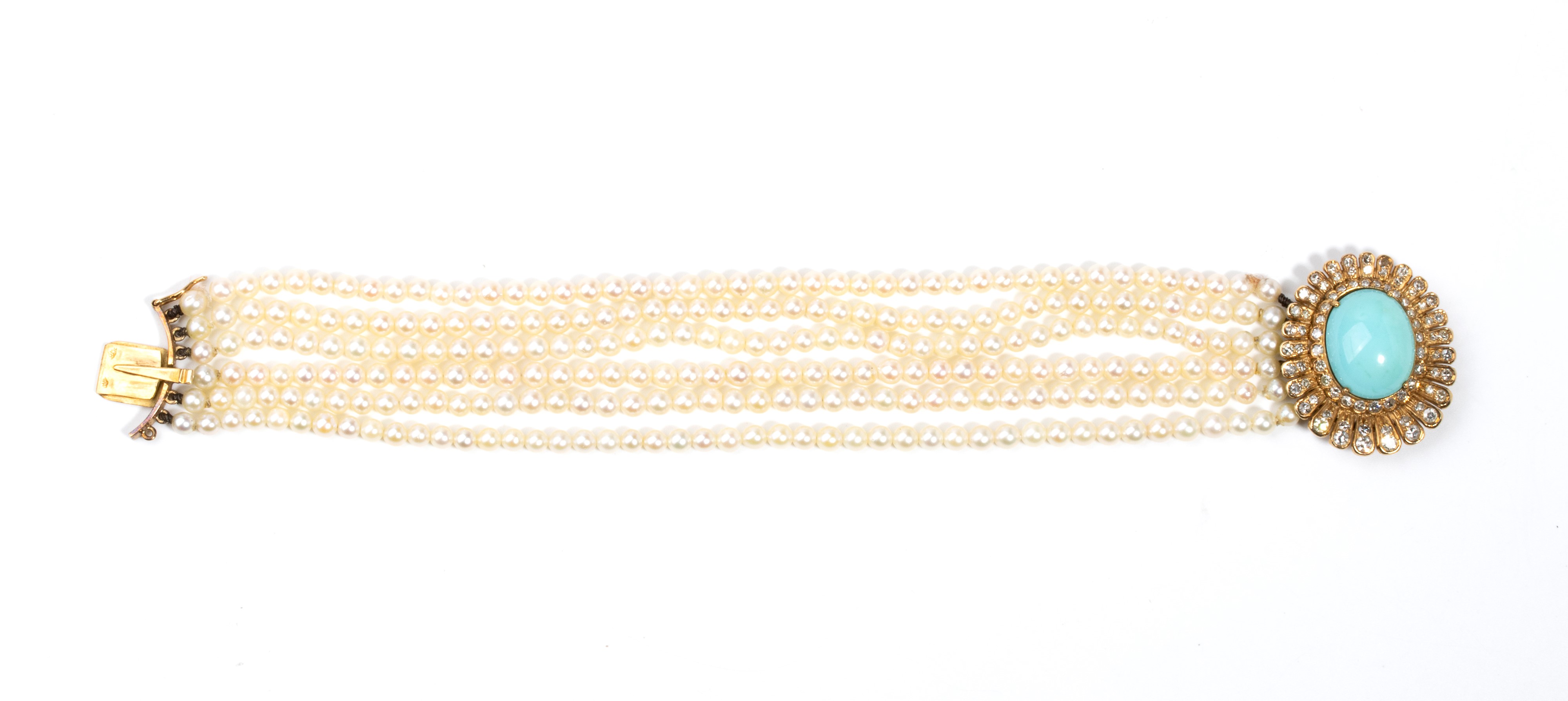 Bracciale, 6 fili di perle coltivate d’acqua salata con centrale in oro giallo e cabochon di turc...