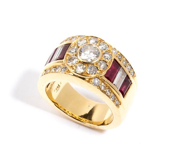 Anello in oro con diamanti e rubini 