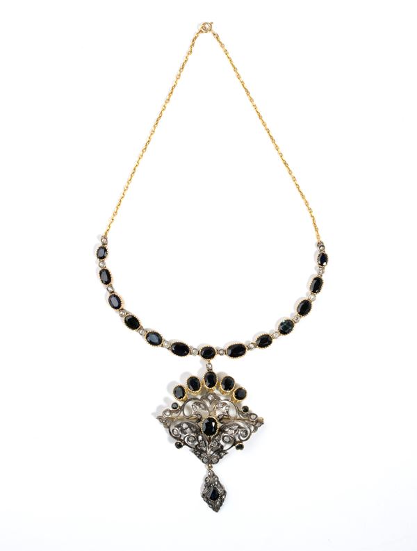 Blue sapphire diamond gold silver pendant - brooch and necklace 