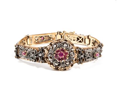 Bracciale in oro giallo 18k e argento, con inserti floreali e rubini