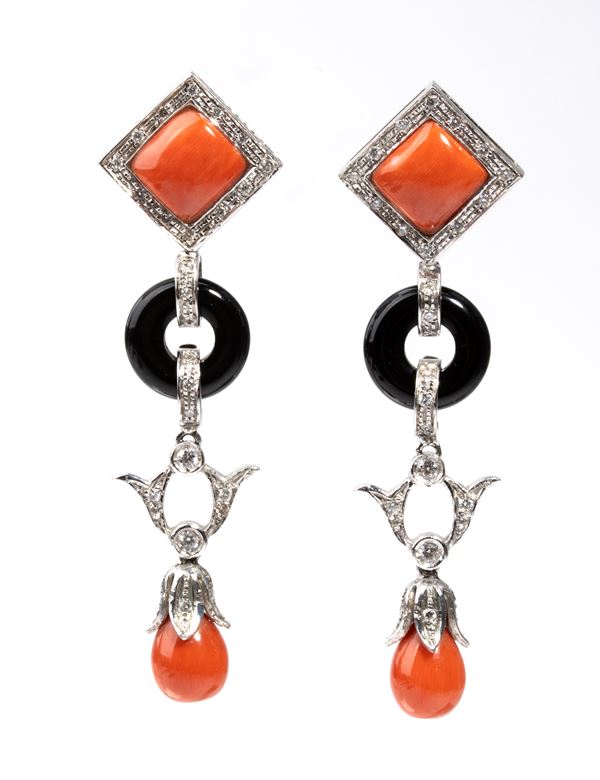 Coral onyx diamonds gold drop pair of earrings