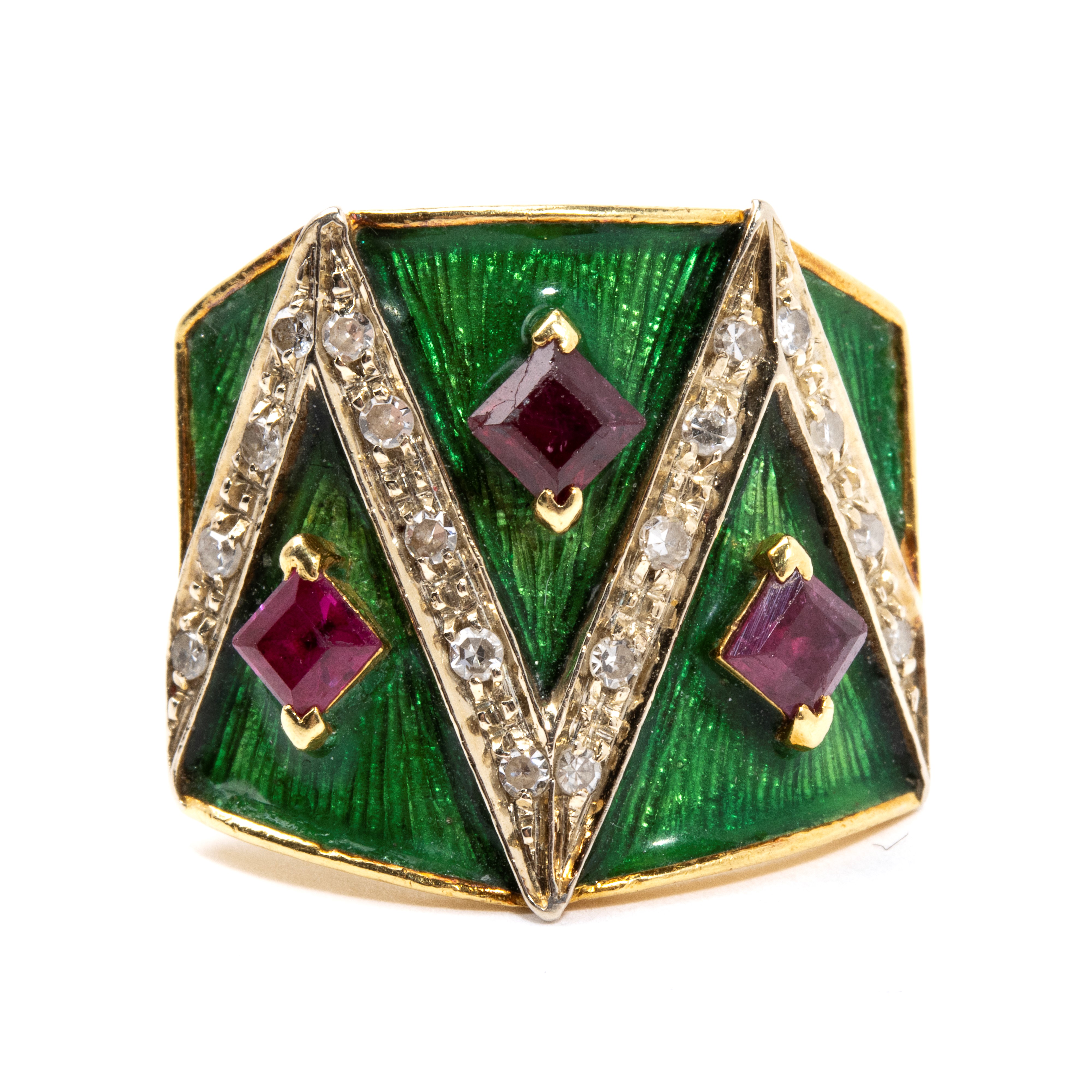 Anello in oro giallo 18k con smalto verde, diamanti e rubini