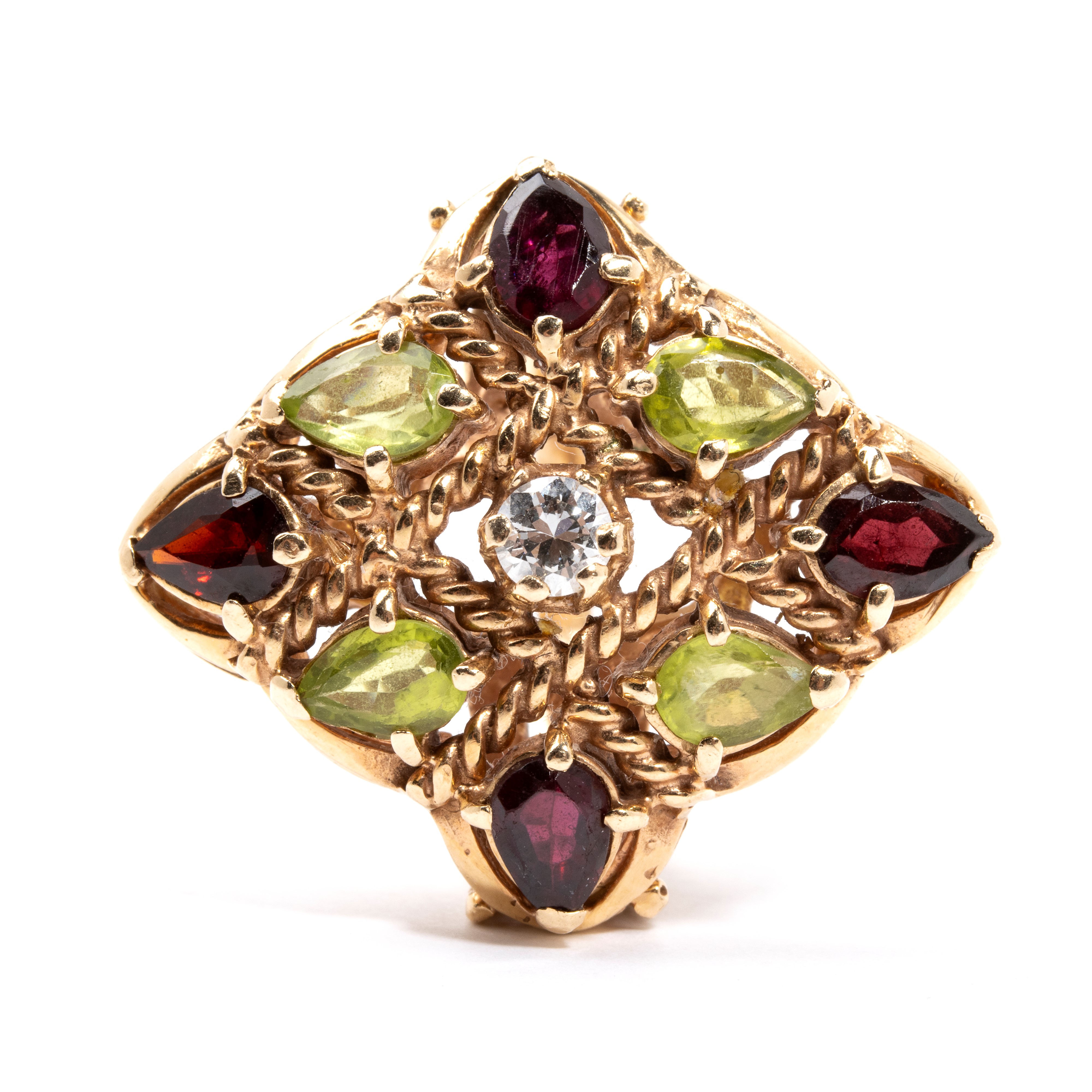 Anello in oro con diamanti, granati e peridoti