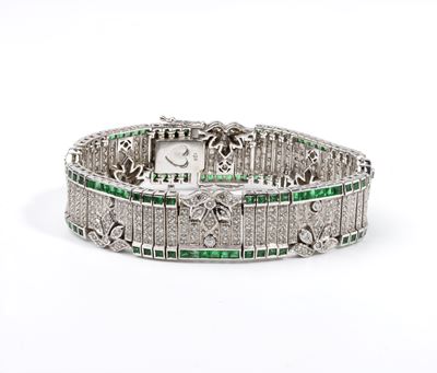 Bracciale in oro bianco 18k con diamanti e smeraldi, anni '30