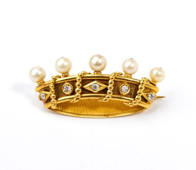 Spilla a corona in oro giallo con diamanti e perle, n. 5 diamanti rotondi e n. 5 perle coltivate