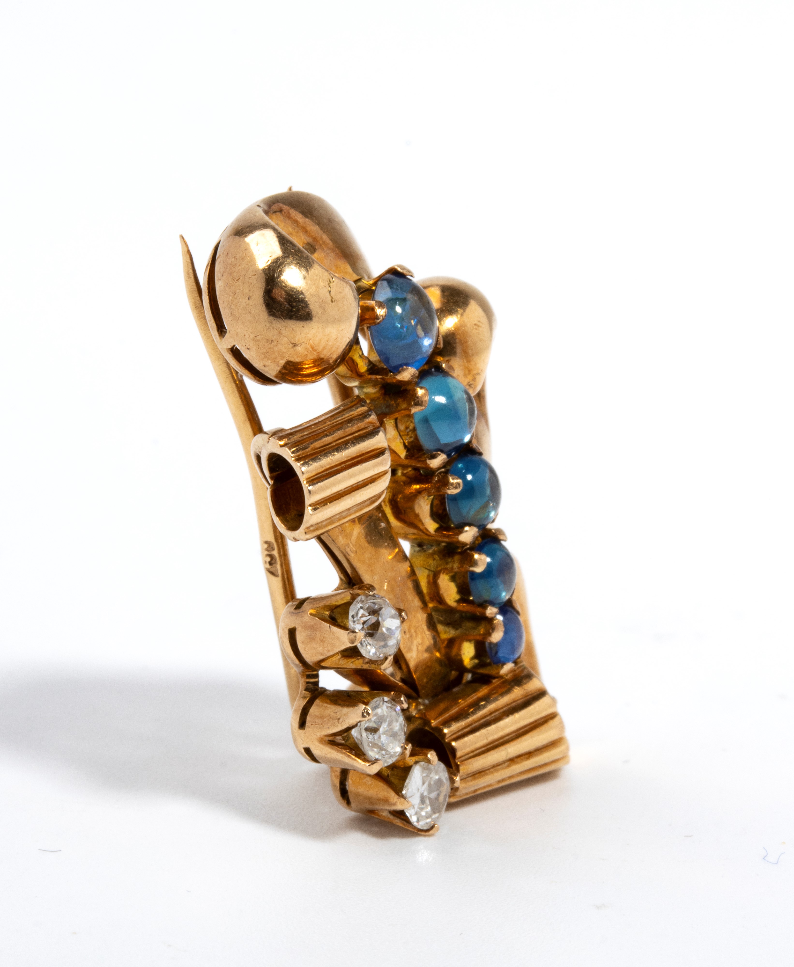 Spilla in oro giallo 18k con zaffiri e diamanti, anni ’30