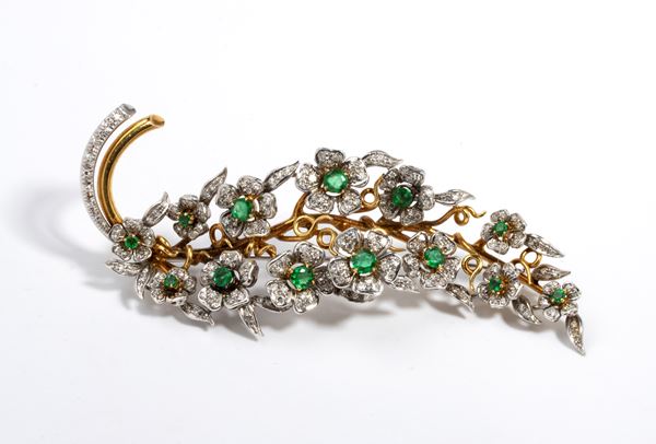 Diamond emerald gold brooch