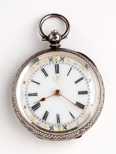 Orologio da tasca svizzero, cassa in argento 935/1000 con incisioni floreali
