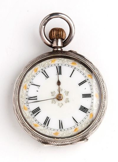 Orologio da tasca svizzero, cassa in argento 800/1000 inciso e quadrante in smalto bianco