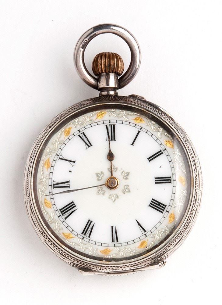 Orologio da tasca svizzero, cassa in argento 800/1000 inciso e quadrante in smalto bianco