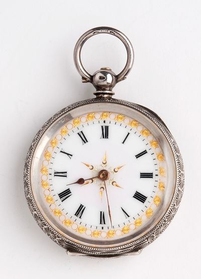 Orologio da tasca svizzero, cassa in argento 935/1000 incisa con quadrante in smalto bianco