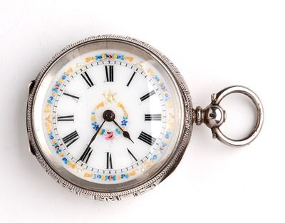 Orologio da tasca svizzero, cassa in argento 935/1000 con incisioni floreali