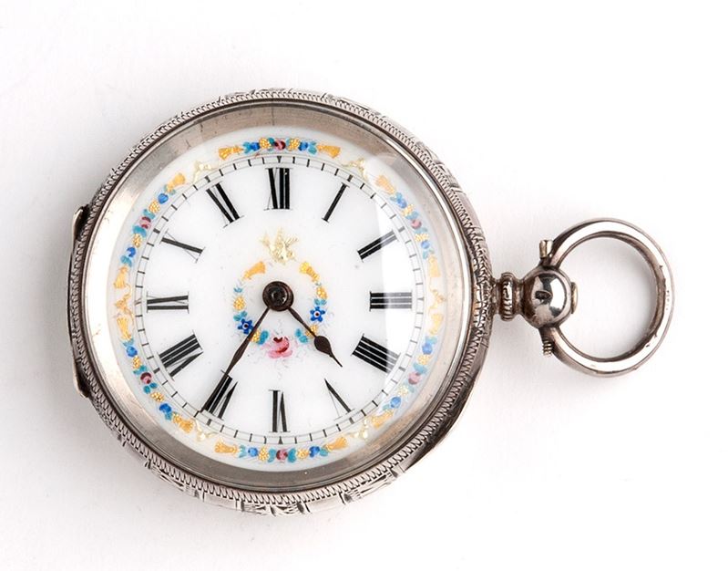 Orologio da tasca svizzero, cassa in argento 935/1000 con incisioni floreali