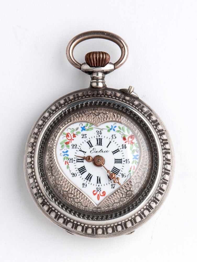 Orologio da tasca svizzero in argento, cassa incisa e quadrante in smalto policromo