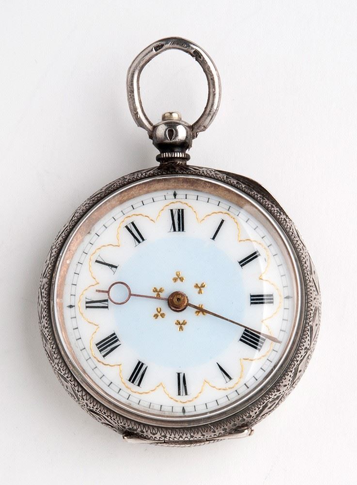 Orologio da tasca svizzero, cassa in argento 935/1000 con incisioni floreali