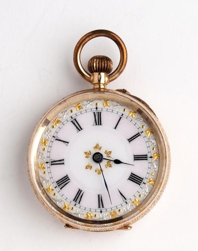 Orologio da tasca svizzero, cassa in oro 14k incisa con quadrante in smalto rosa