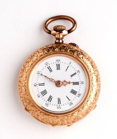 Orologio da tasca svizzero in oro 18K, movimento a cilindro e carica a remontoir