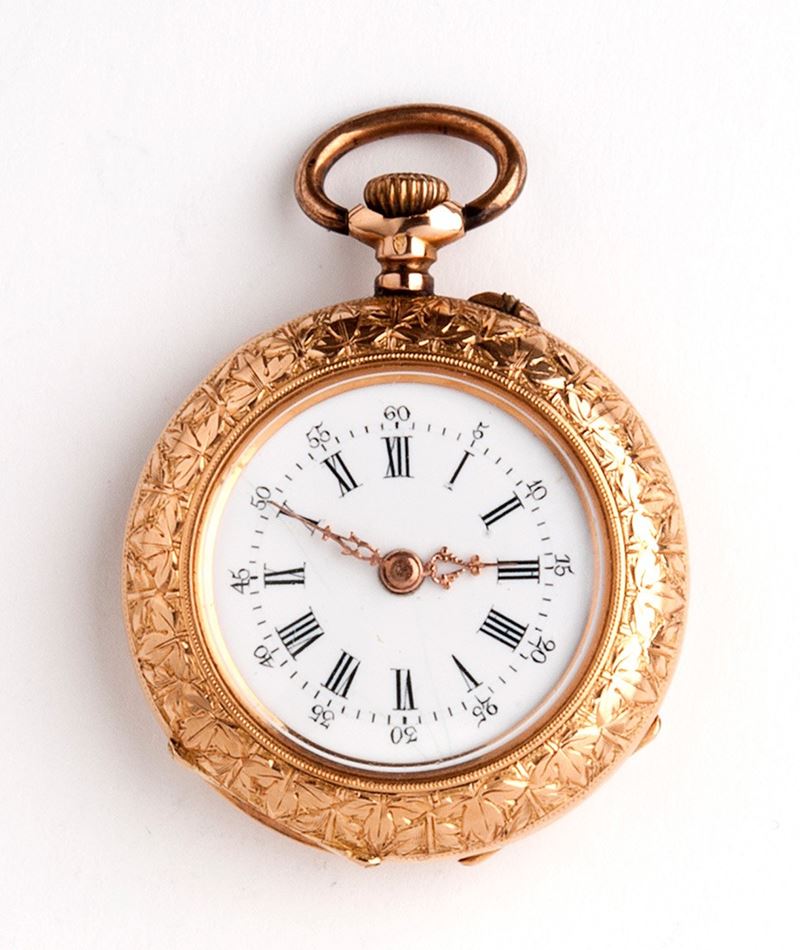 Orologio da tasca svizzero in oro 18K, movimento a cilindro e carica a remontoir