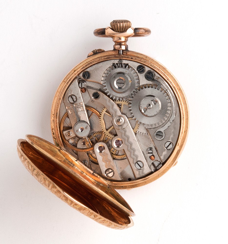 Orologio da tasca svizzero in oro 18K, movimento a cilindro e carica a remontoir