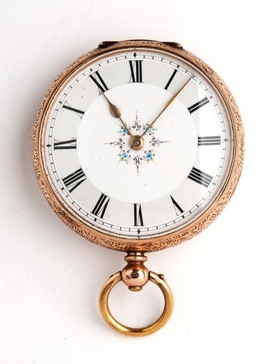 Orologio da tasca svizzero in oro 14k con cassa incisa e movimento a cilindro