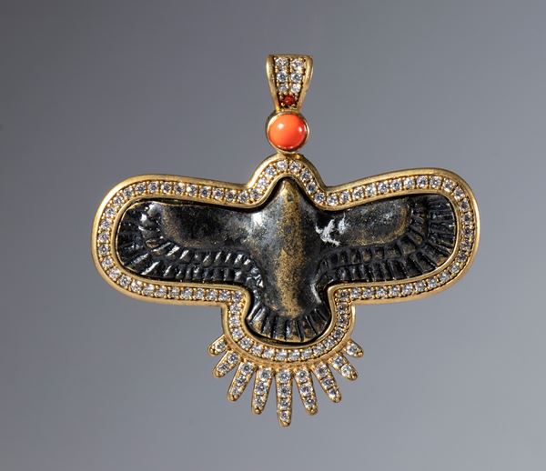 Copper alloy pendant with a posthumous setting, crystals, and coral. China, 20th century