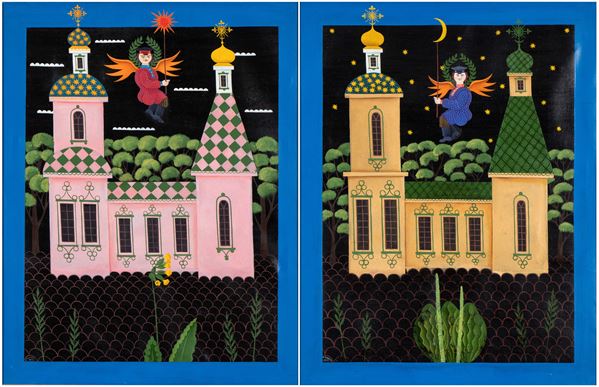 Lot composed by two paintings: Good Night and Good Morning