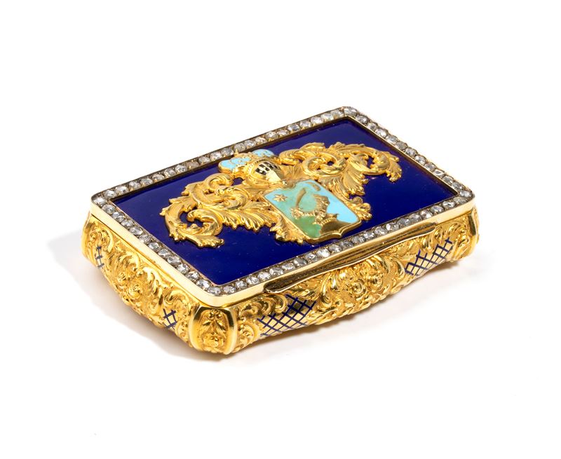 Francia (XVIII secolo), Tabacchiera francese dell’Ancien Régime in oro con diamanti e smalti poli...