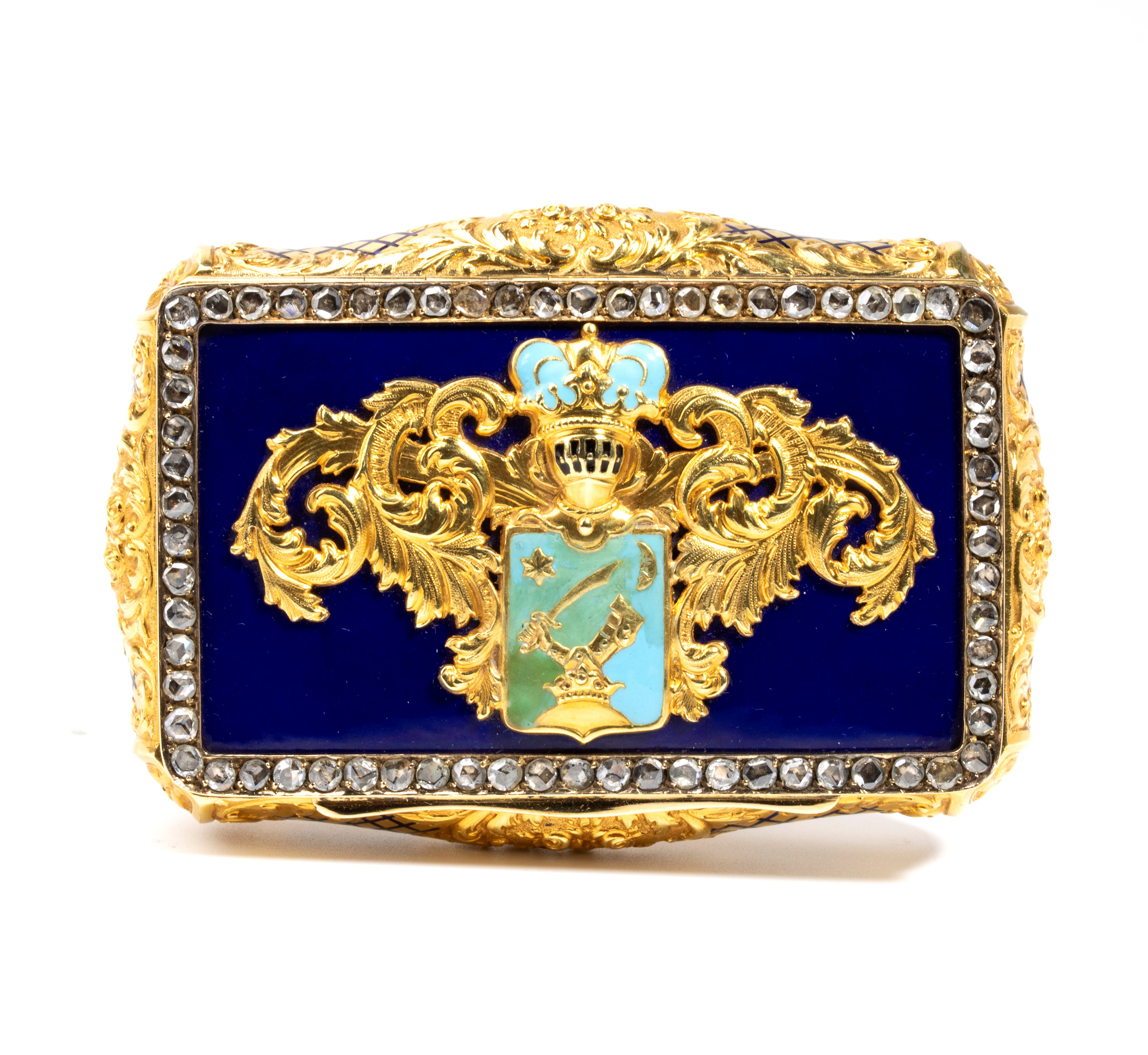 Francia (XVIII secolo), Tabacchiera francese dell’Ancien Régime in oro con diamanti e smalti poli...