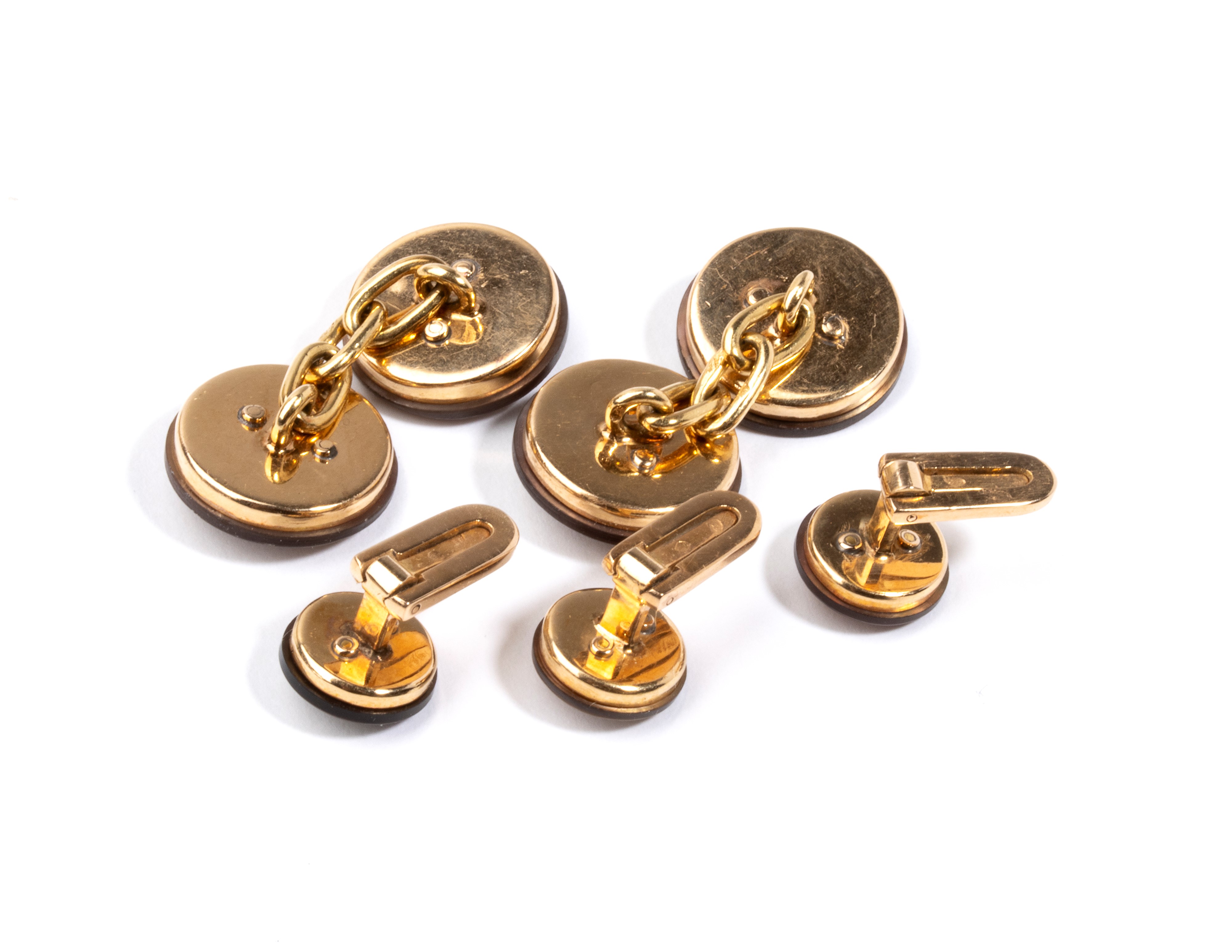 Set di gemelli e bottoni da sparato, oro 18k con madreperla scura e diamanti (anni ’20)