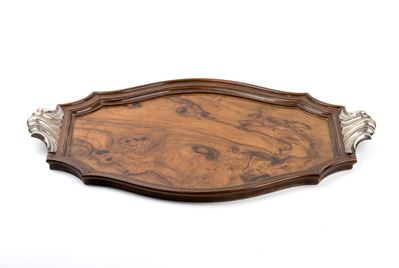Vassoio italiano in legno di noce e argento 800/1000, anni ’30 del XX secolo