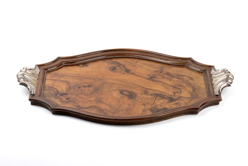 Vassoio italiano in legno di noce e argento 800/1000, anni ’30 del XX secolo