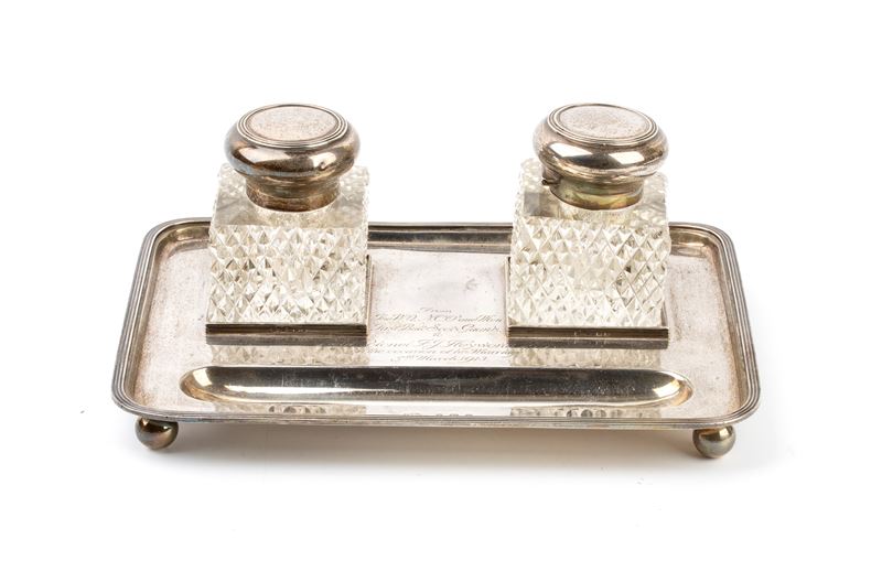Asprey & Co Ltd - Calamaio edoardiano inglese in argento con flaconi in vetro molato