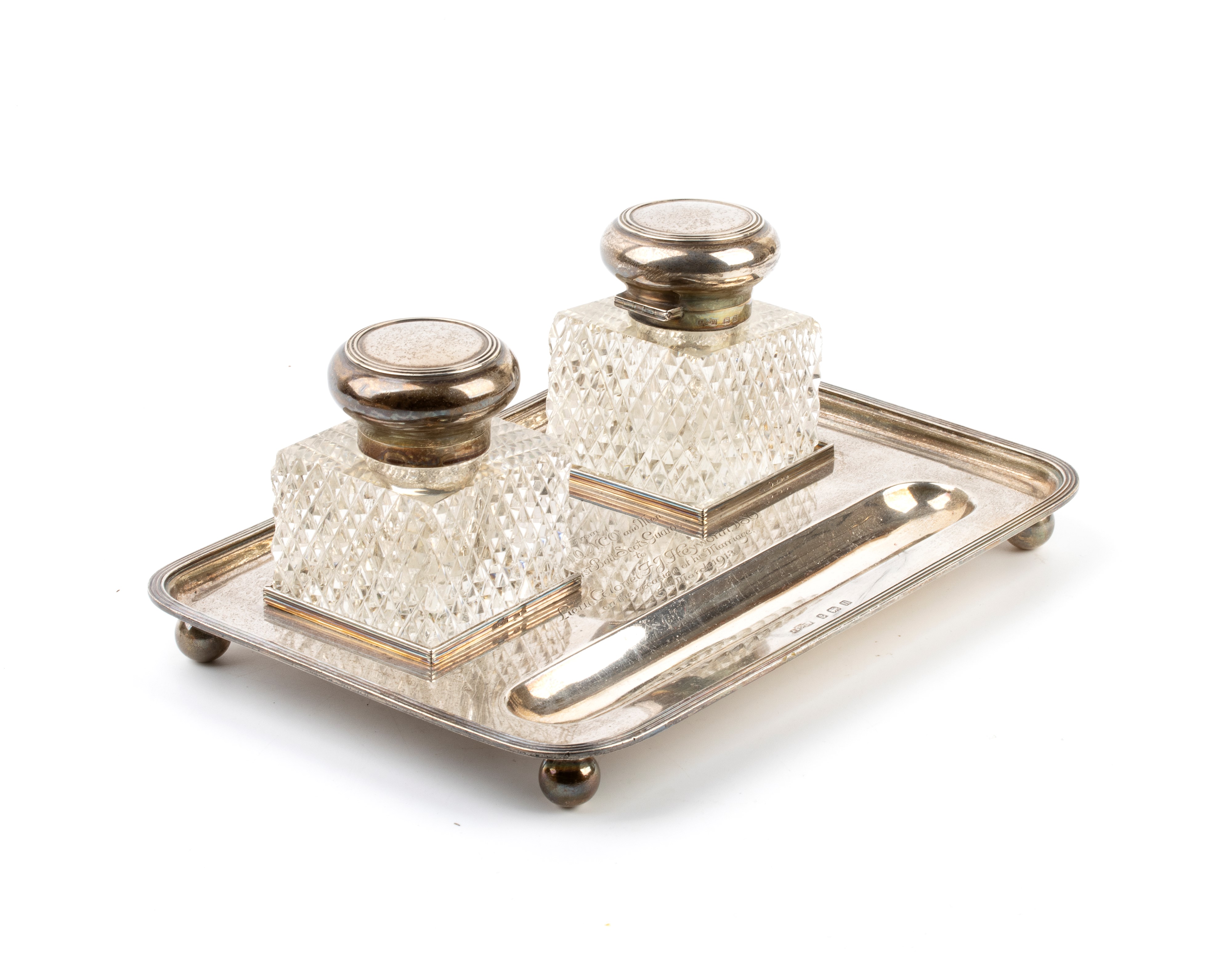 Asprey & Co Ltd - Calamaio edoardiano inglese in argento con flaconi in vetro molato