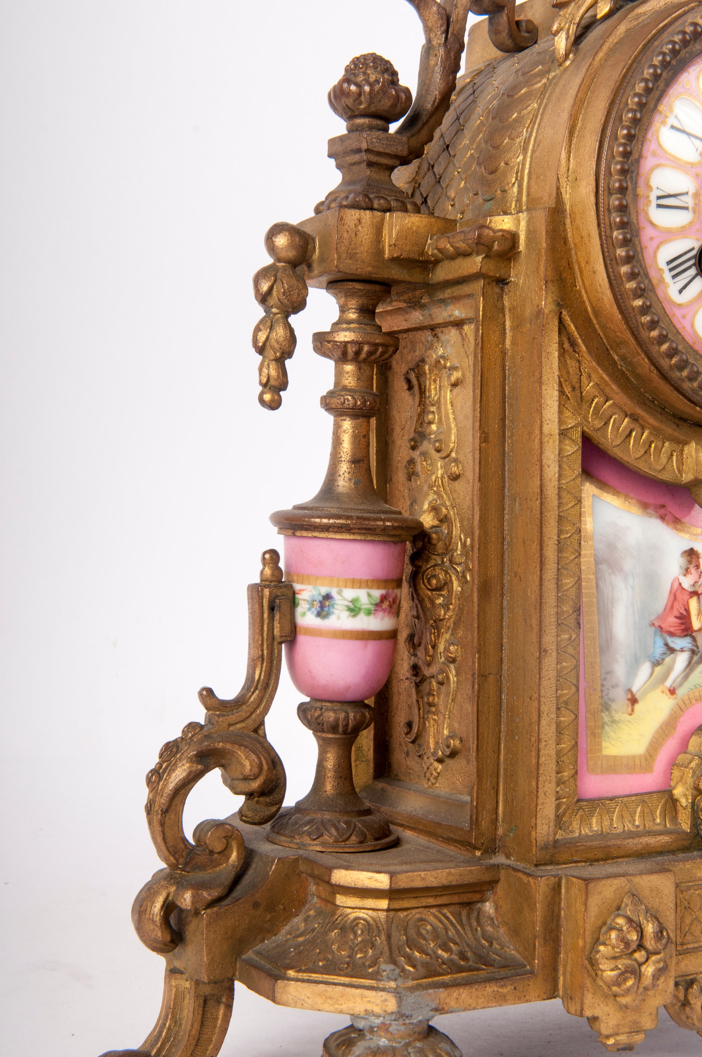 Orologio da appoggio barocco, bronzo e porcellana, seconda metà XIX secolo