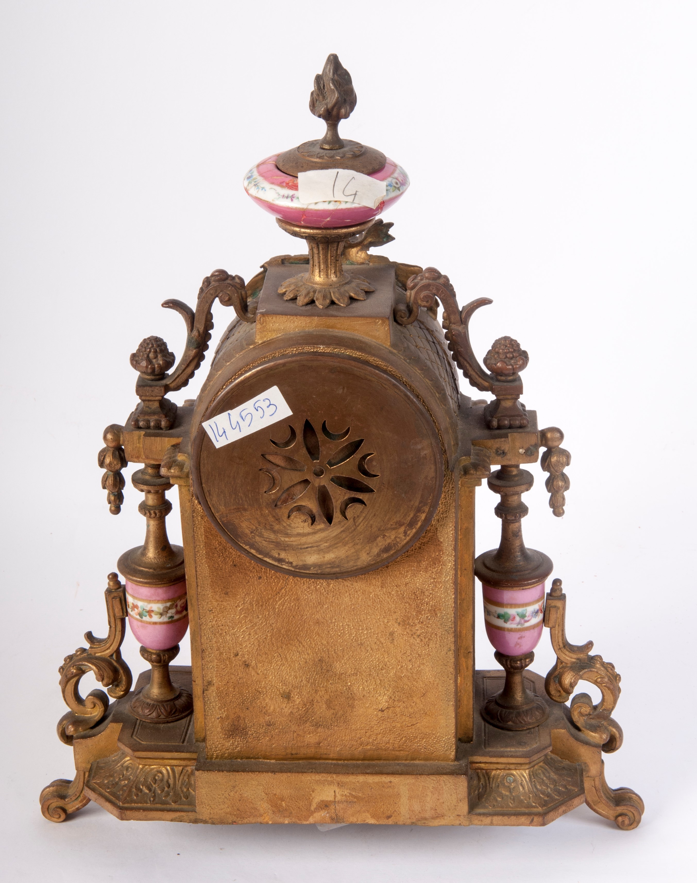 Orologio da appoggio barocco, bronzo e porcellana, seconda metà XIX secolo
