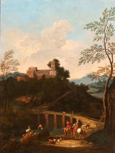 Olio su tela, Paesaggio con ponte, corso d’acqua, figure ed edificio sullo sfondo