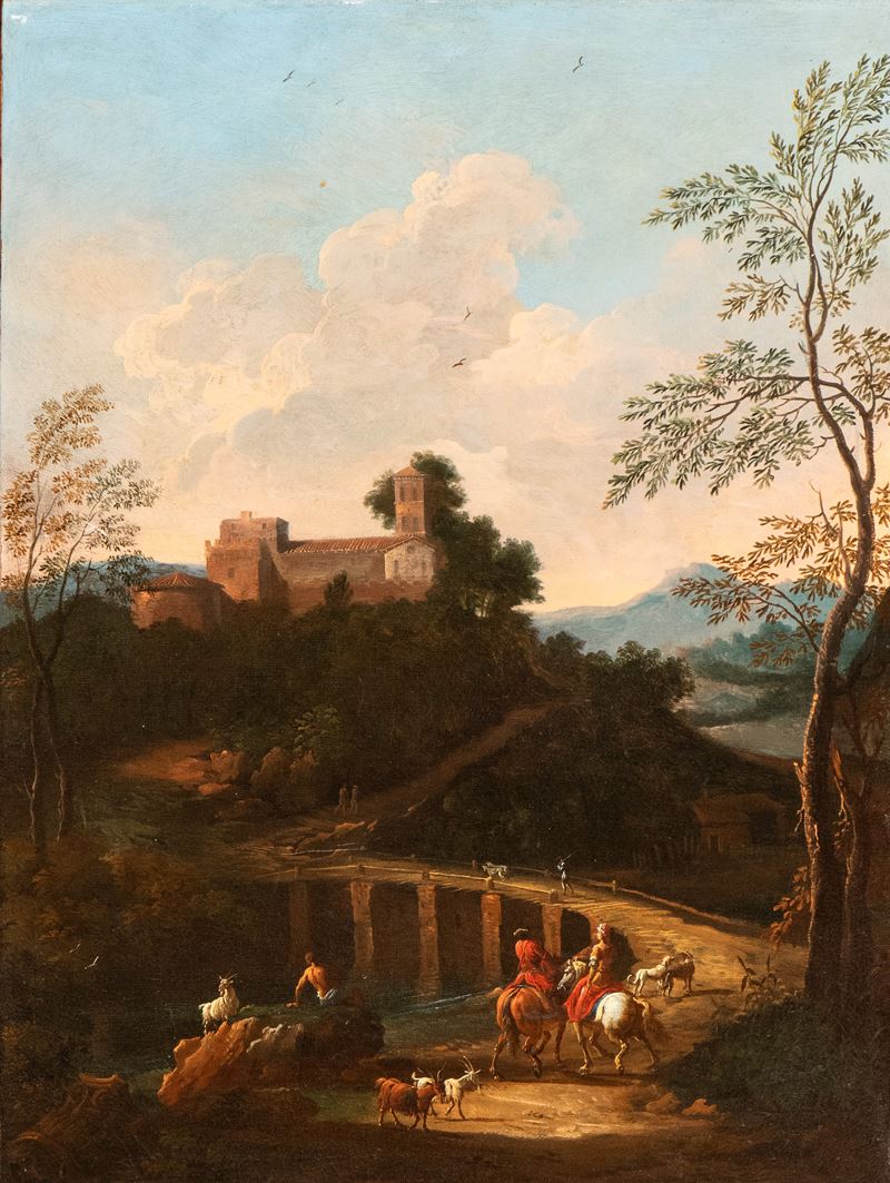 Artista Attivo a Roma, Prima Metà XVIII Secolo - Olio su tela, Paesaggio con ponte, corso d’acqua...
