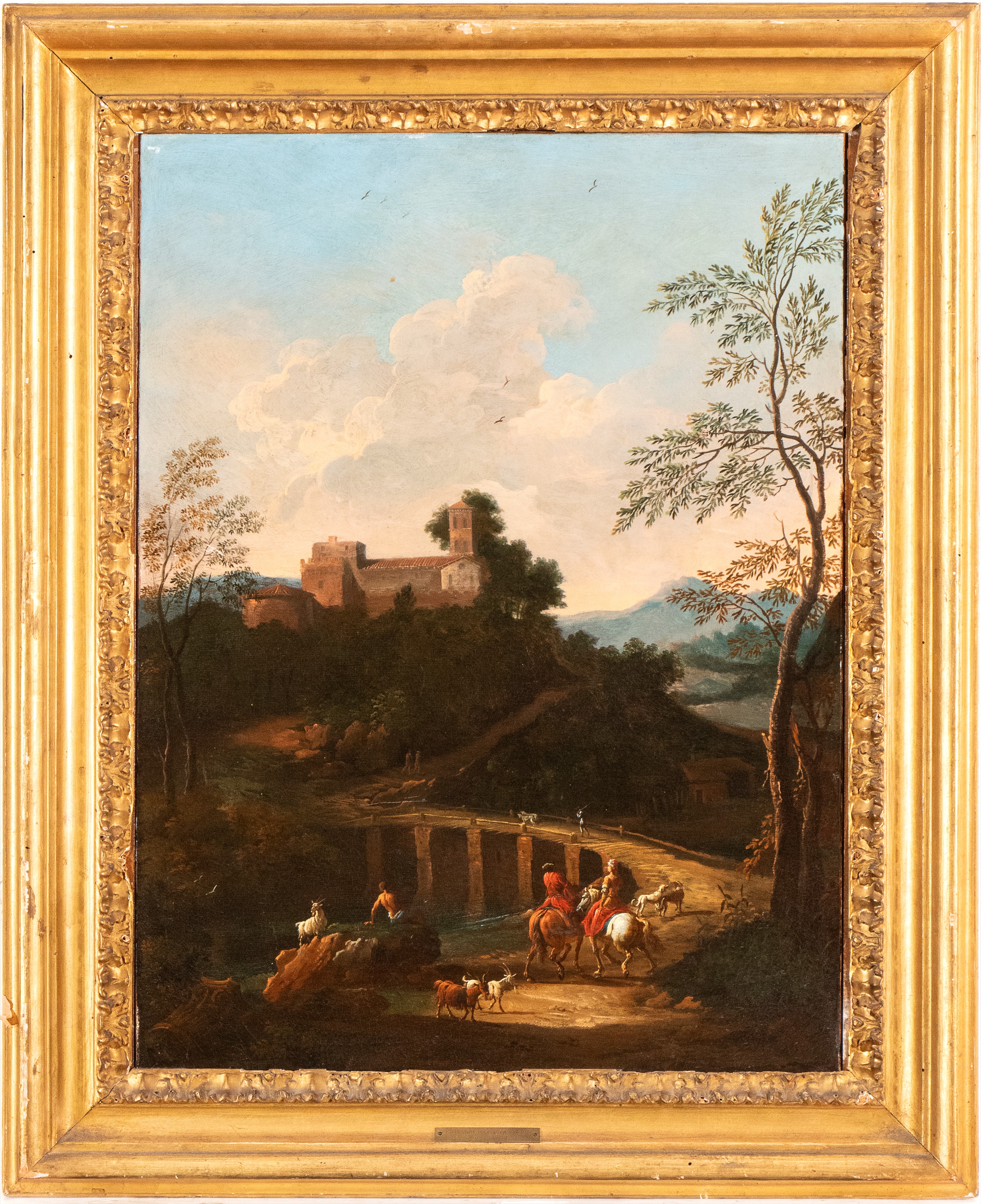 Artista Attivo a Roma, Prima Metà XVIII Secolo - Olio su tela, Paesaggio con ponte, corso d’acqua...