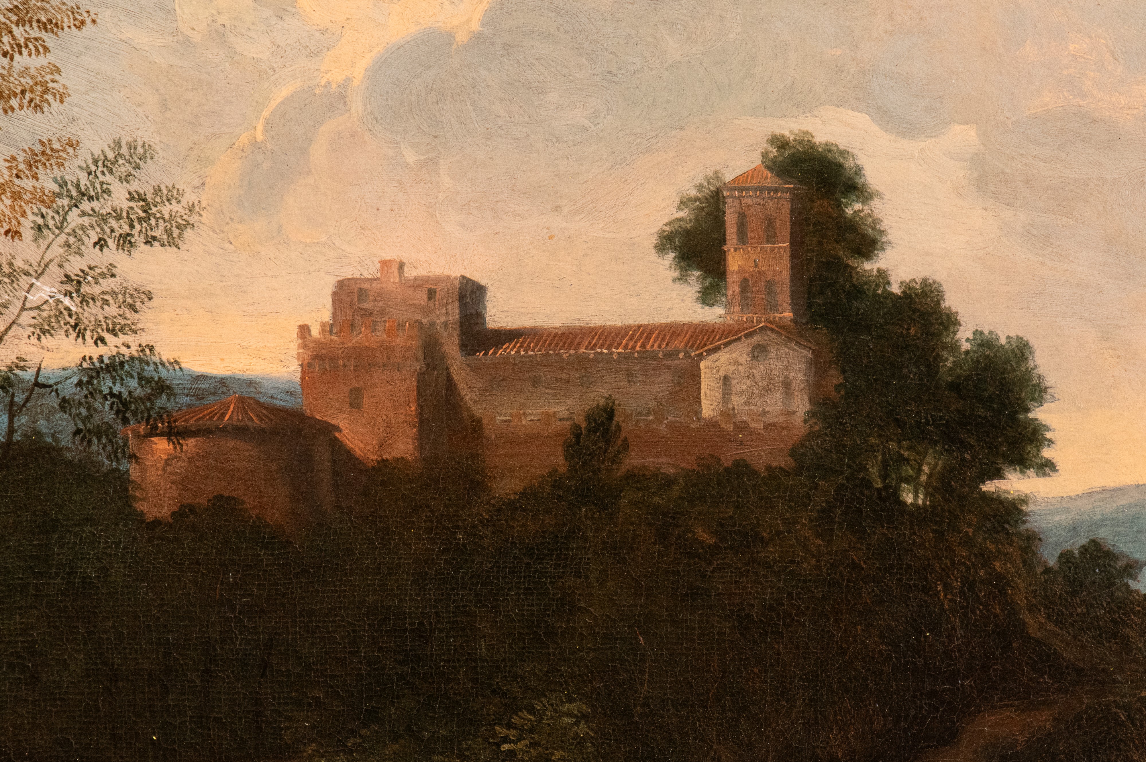 Artista Attivo a Roma, Prima Metà XVIII Secolo - Olio su tela, Paesaggio con ponte, corso d’acqua...