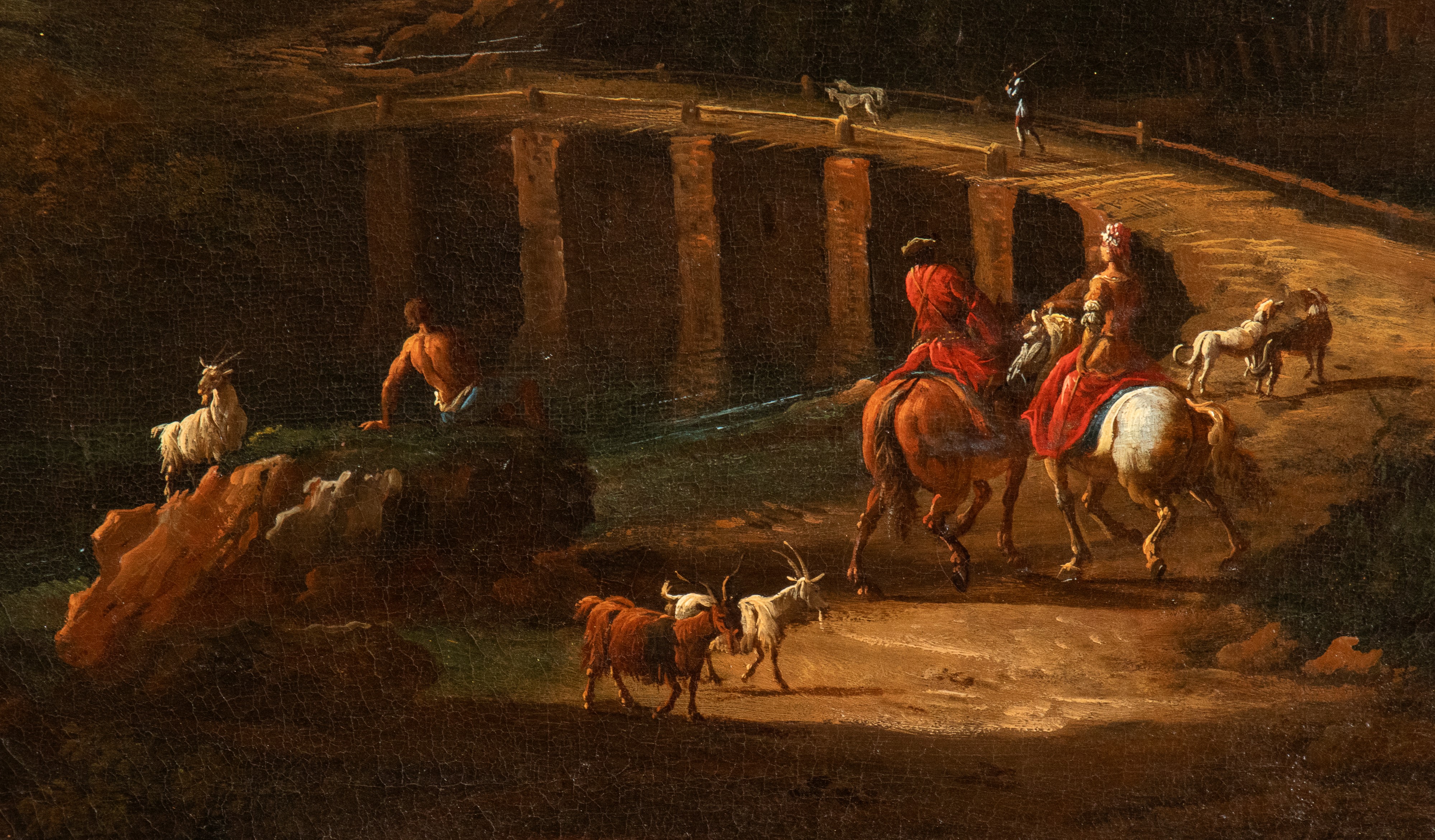 Artista Attivo a Roma, Prima Metà XVIII Secolo - Olio su tela, Paesaggio con ponte, corso d’acqua...