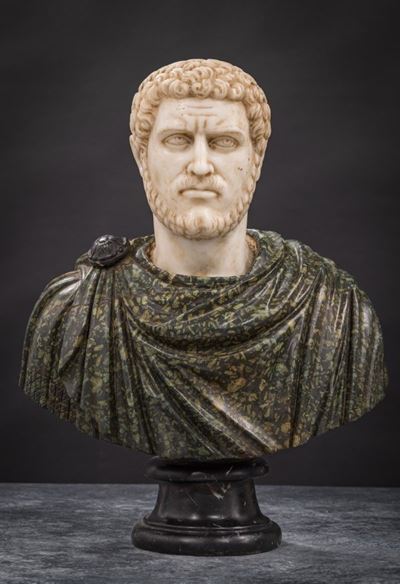 Busto dell’imperatore Caracalla, scultura in marmo (porfido verde, bianco di Carrara e nero del B...
