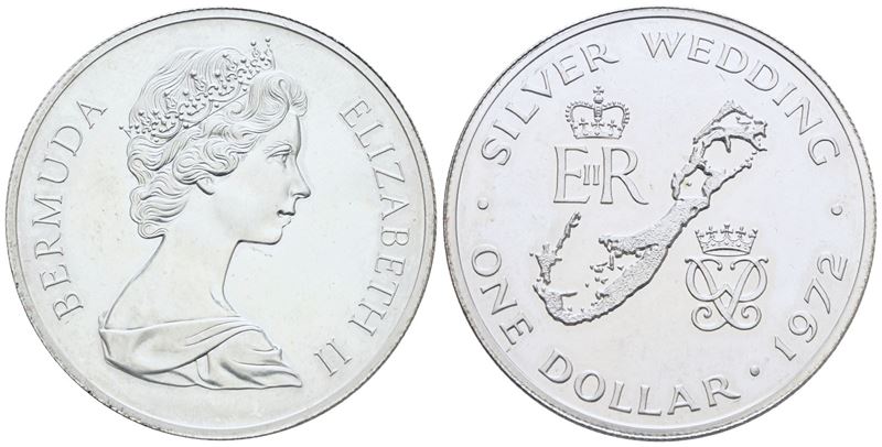 Bermuda. Elisabetta II (1952-2022). Dollaro - 1972 - Nozze D'argento. Ag 28,28gr; Km 22. Fdc