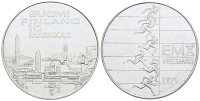 Finlandia. 10 Markkaa 1971. 10 Campionato Atletica Leggera. Ag; 24,2gr; Km 82. Fdc