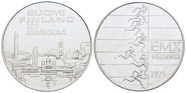 FINLANDIA. 10 markkaa 1971. 10 campionato atletica leggera. Ag; 24,2gr; KM 82. FDC